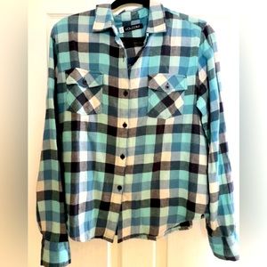Volcom Women’s Blue Black Cream Plaid Button-Down Shirt